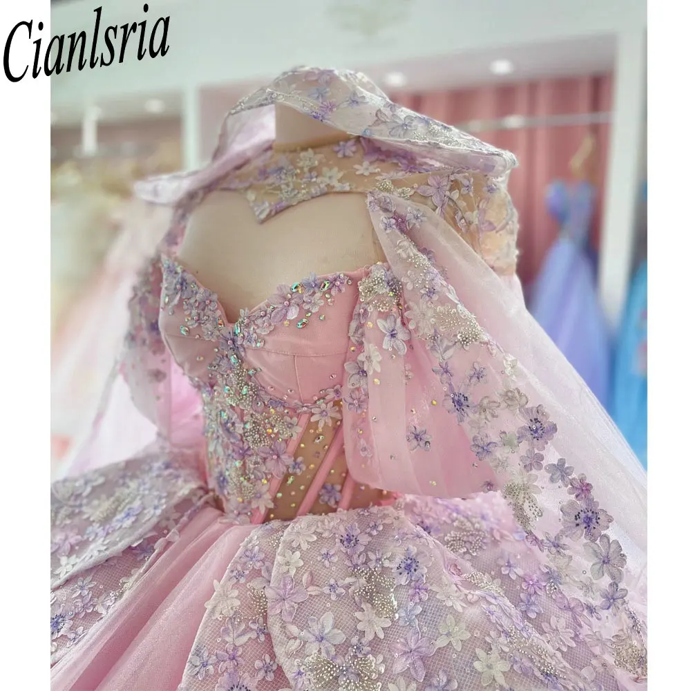 Robes de Quinceanera princesse rose, perles et paillettes, avec Cape, robe de bal, fleurs 3D, volants, fête d'anniversaire de 15 ans
