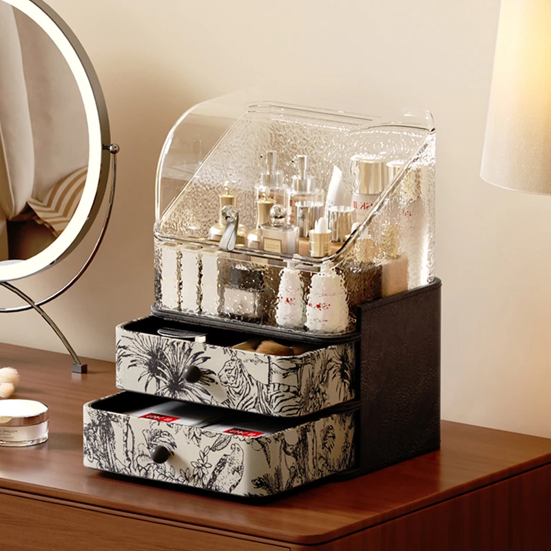 

Countertop cosmetics storage box, desktop high-end jacquard large-capacity household dust drawer