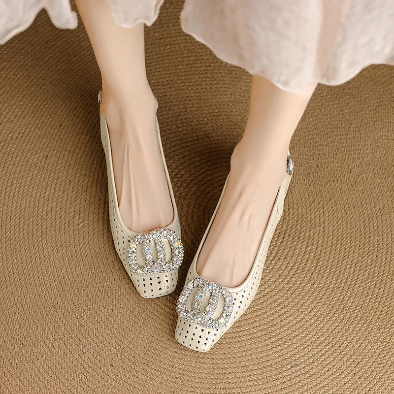 Women's New Summer Breathable Hole Leather Cowhide Rhinestone Accessories with Loose Grip High Heels and Toe Caps Sandals