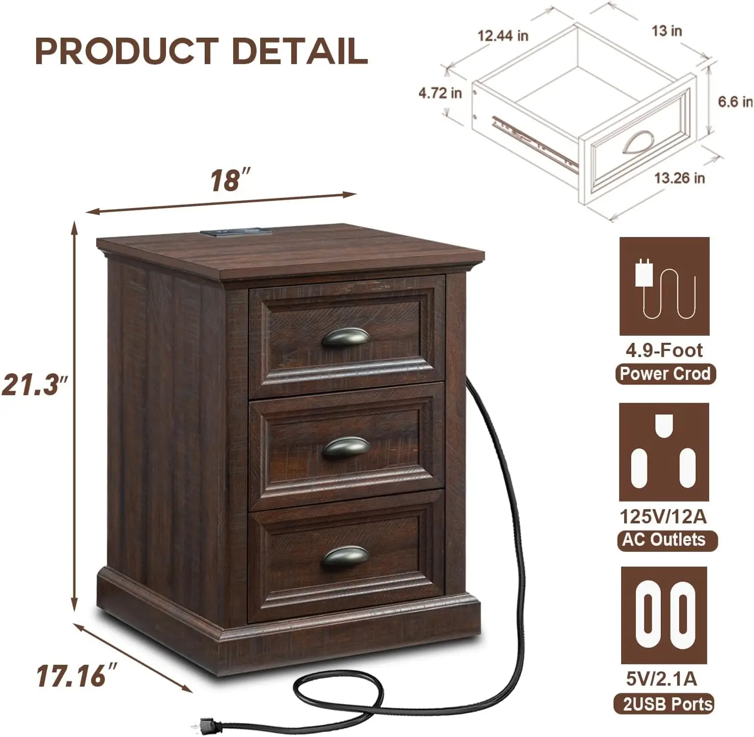 21"" Tall Nightstand With 3 Drawers, Farmhouse 18"" Wide End Table With Charging Station, Wood Rustic Side Table, Small Dresser