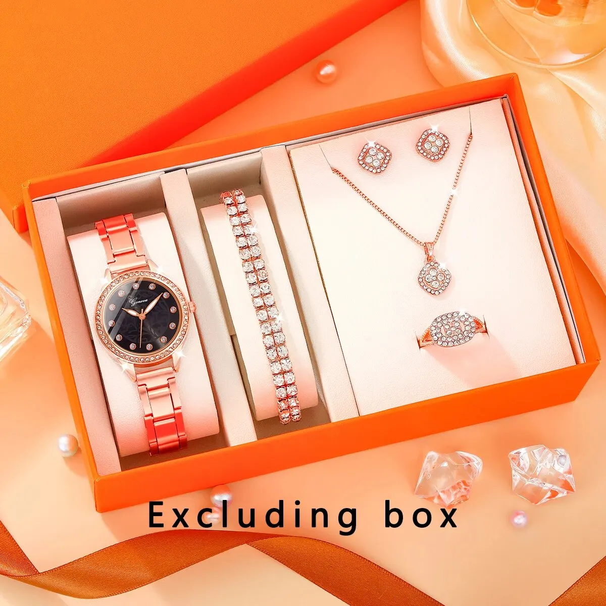 7Pcs Women's Fashion Trend Diamond Digital Steel Band Quartz Watch Full Diamond Luxury Designer Love Necklace Bracelet Set