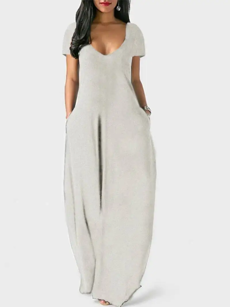 เดรสยาวสีพื้นสไตล์ยุโรปอเมริกันสำหรับฤดูร้อน ไซส์พลัส ผู้หญิง แขนสั้น คอวีลึก เซ็กซี่ หวาน