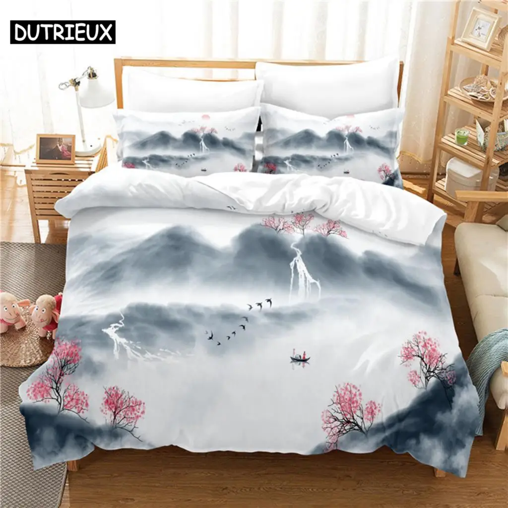 

3D Digital Printing Fashion Design Queen Size Chinese Brush Painting Bedding Set, Duvet Cover Set