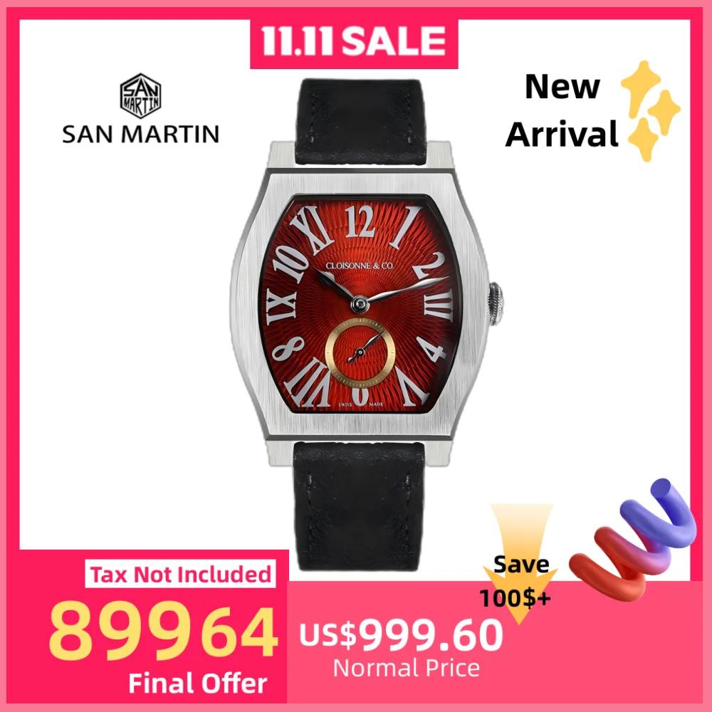 

San Martin 36mm ETA 7001 Barrel Shaped Enamel Hand Guilloche Dial Men Mechanical Watch Manual Winding 10Bar Luxury SN0100