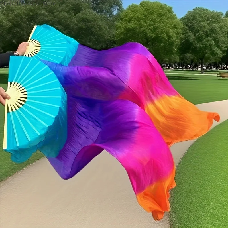 Classical Dance Long Silk Fan Gradient Shade Artificial Silk Fan With Extra Long Streamer Stage Cosplay Performance Prop Dancer