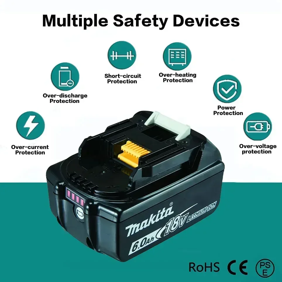 100% Original Makita Rechargeable Power Tool Battery, Replaceable LED Lithium-ion, 6.0Ah 18V LXT BL1860B BL1860BL1850 BL1830