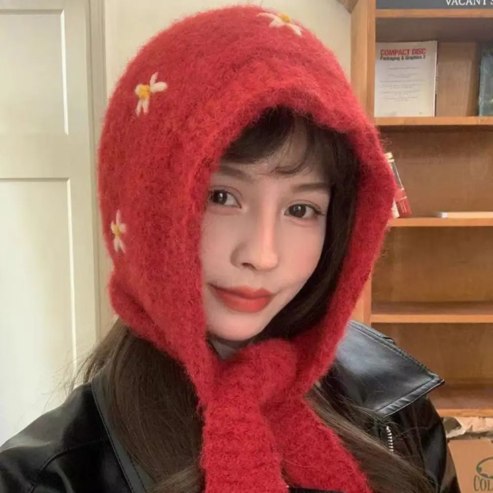 

Casual Sweet Knitted Balaclava Hat Embroidered Flowers Keep Warm Neck Collar Beanies Cap Polyester Coldproof Pullover Cap Girls
