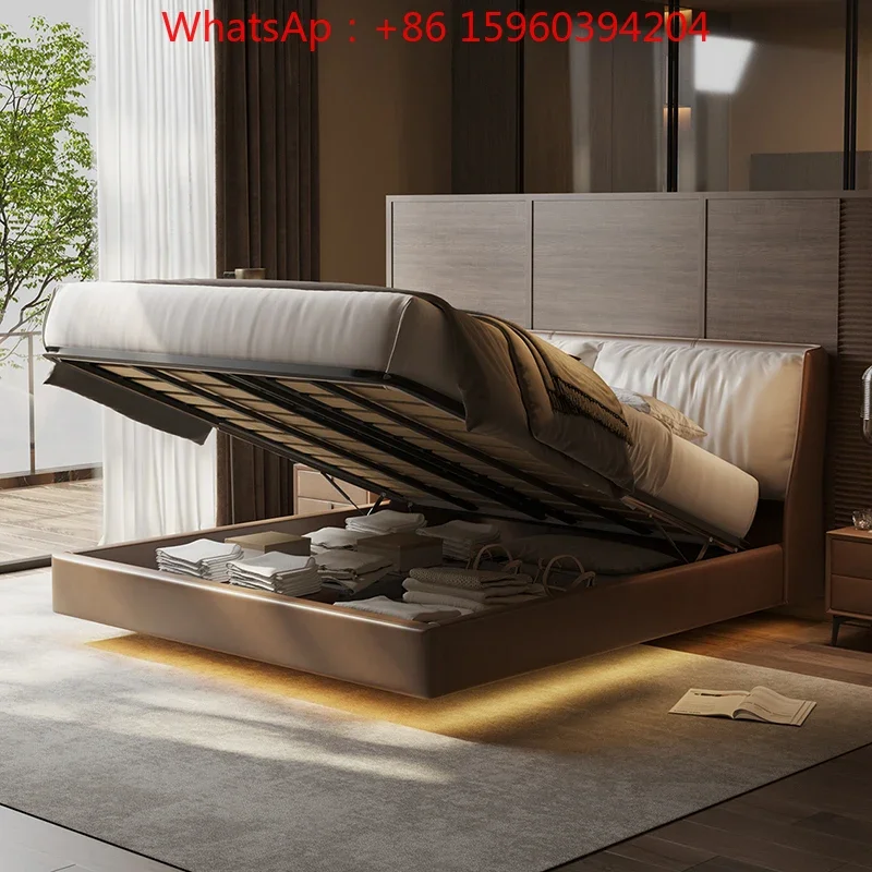Modern simple leather Master bedroom First layer cowhide flush edge soft bag Italian minimalist Nordic suspended