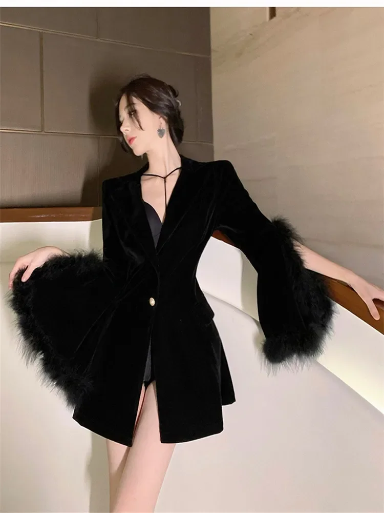 Chic V Neck Black Velvet Blazer French Style Feather Fur Sleeve Slim A Line Jacket 2024 New Spring Fashion Mid Length Cloak Coat