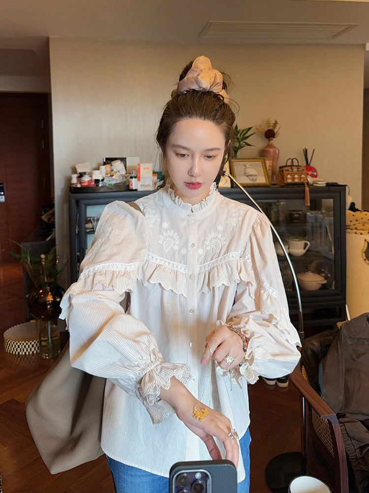 

Женская вышитая блузка с длинным рукавом из 100% хлопка, винтажный французский стиль, свободный крой, дышащая, комфортная