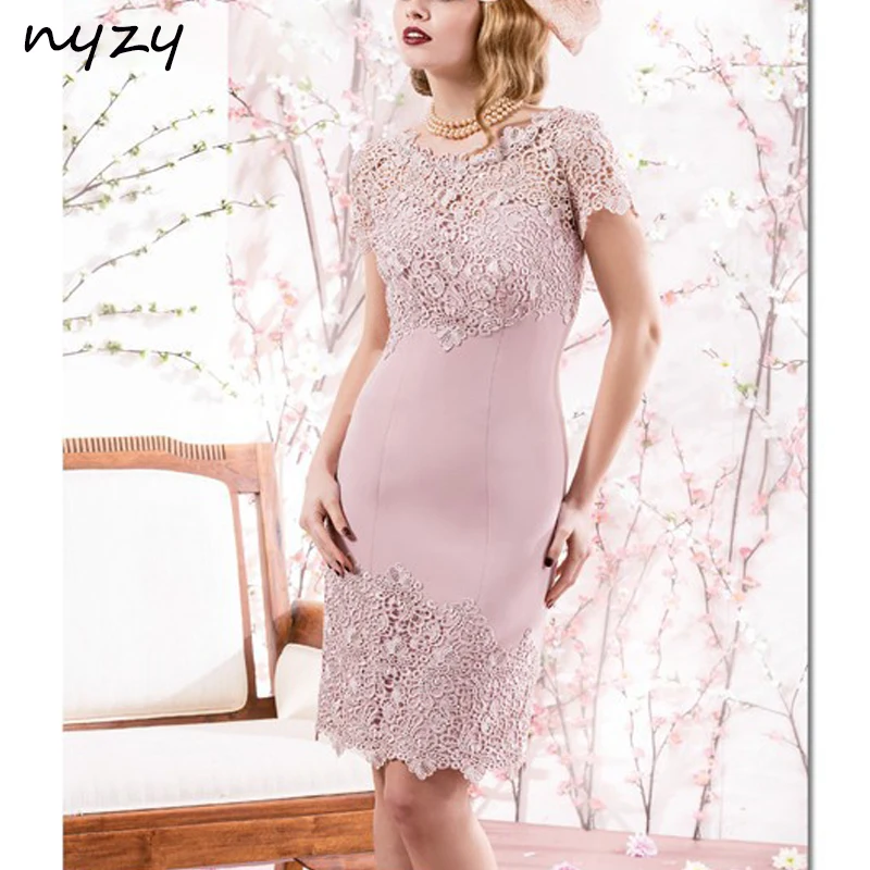 NYZY M19 Satin 3/4 Sleeves Lace Mother of the Bride Groom Dresses with Jacket Pink Church Suits Party Cocktail Birthday Gown