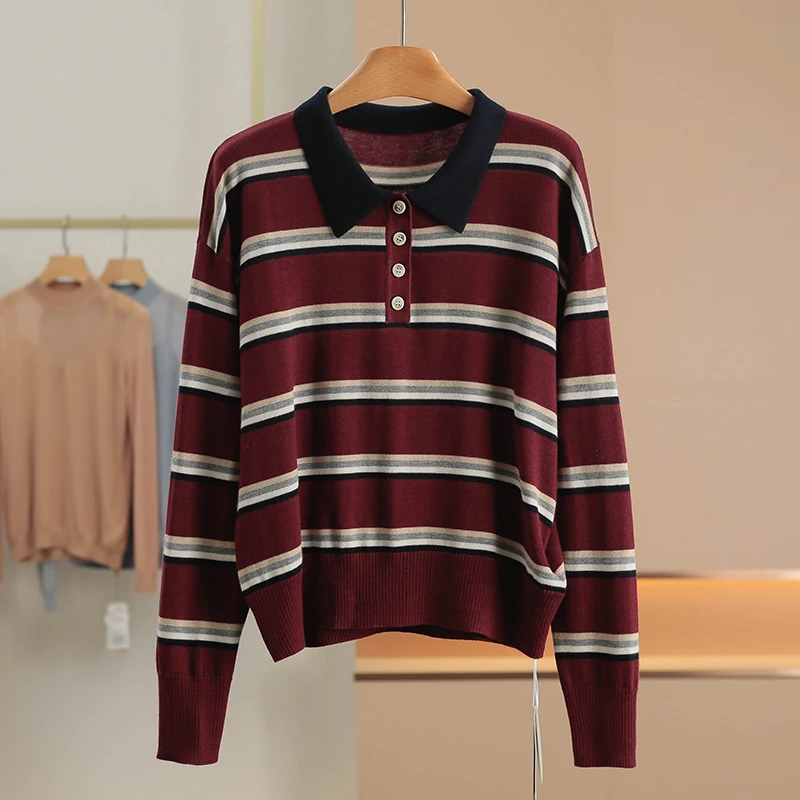 

Retro Style Knitted Sweater with Wool Stripe Design Turn-down Collar Hong Kong Style Women's Spring Fashion New Arrival