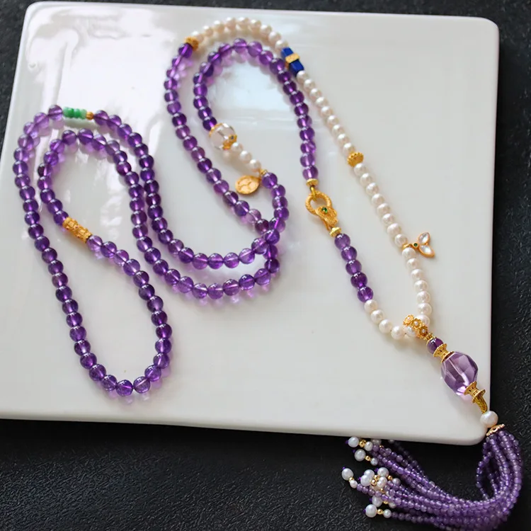 Natural Amethyst Diagonal Chain Freshwater Pearl Accessories Duobao Diagonal Long Chain Fashionable Chinese Style Jewelry