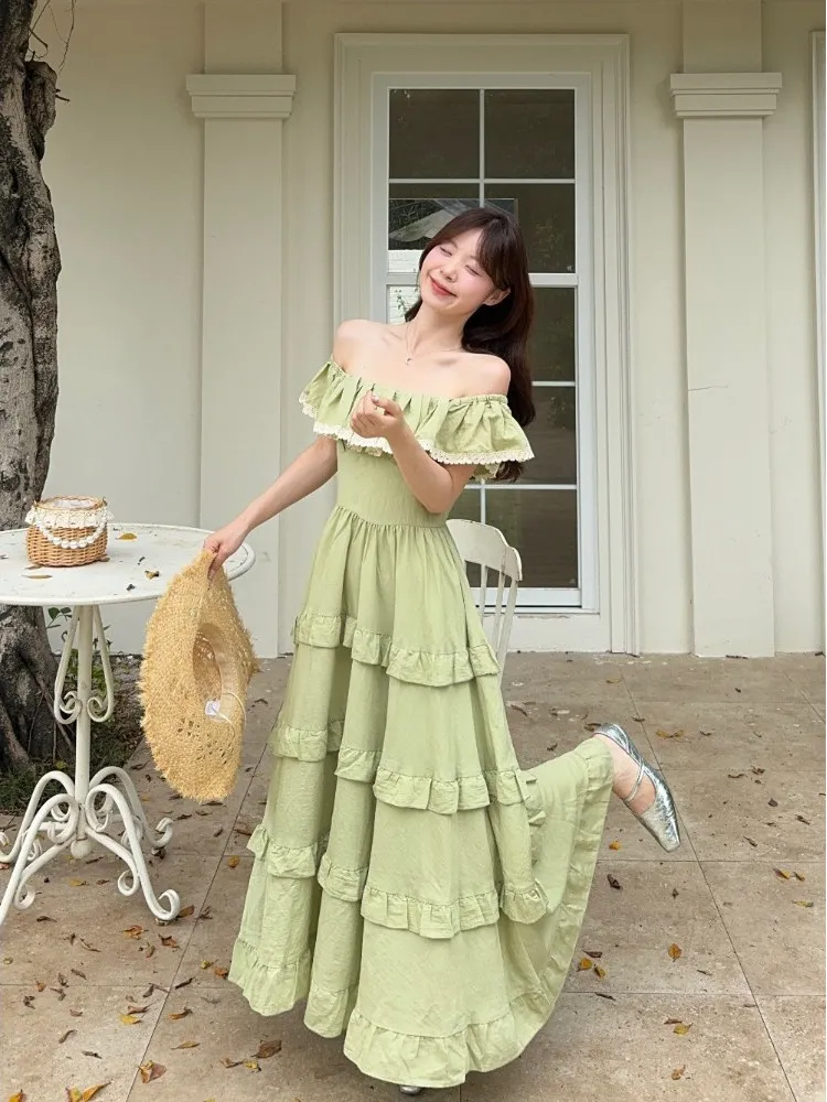 Francês retro fora do ombro puff manga verde babados em camadas bolo vestido para as mulheres verão fino-ajuste férias fada a linha vestido