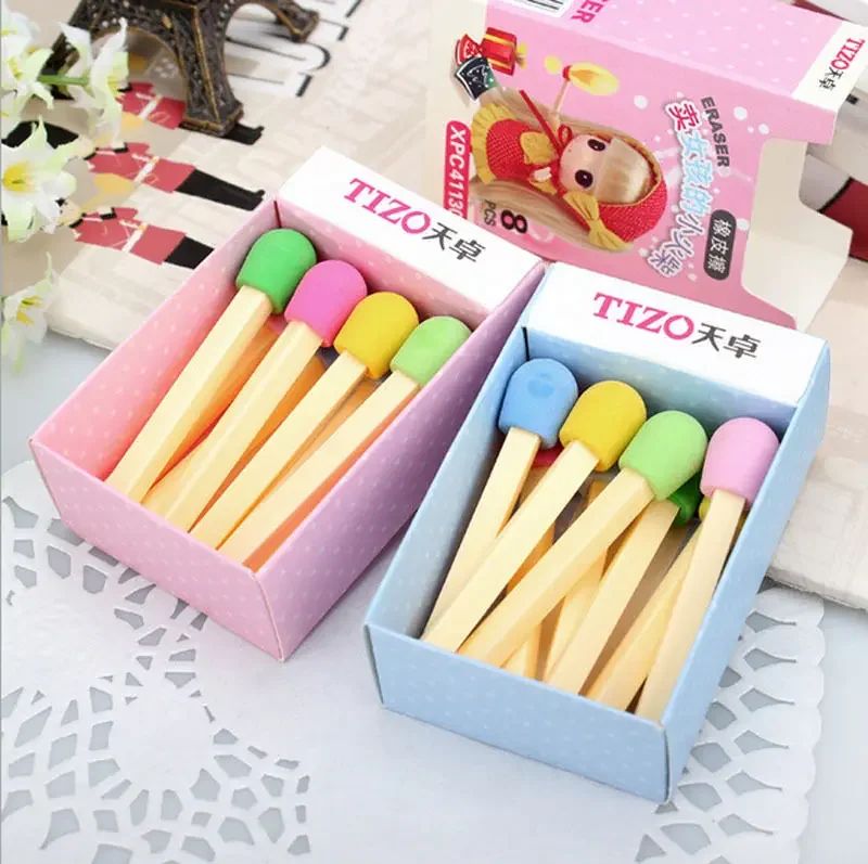 8pcs/box Cute Kawaii Matches Eraser Lovely Colored Eraser for Kids Students Kids Creative Item Gift