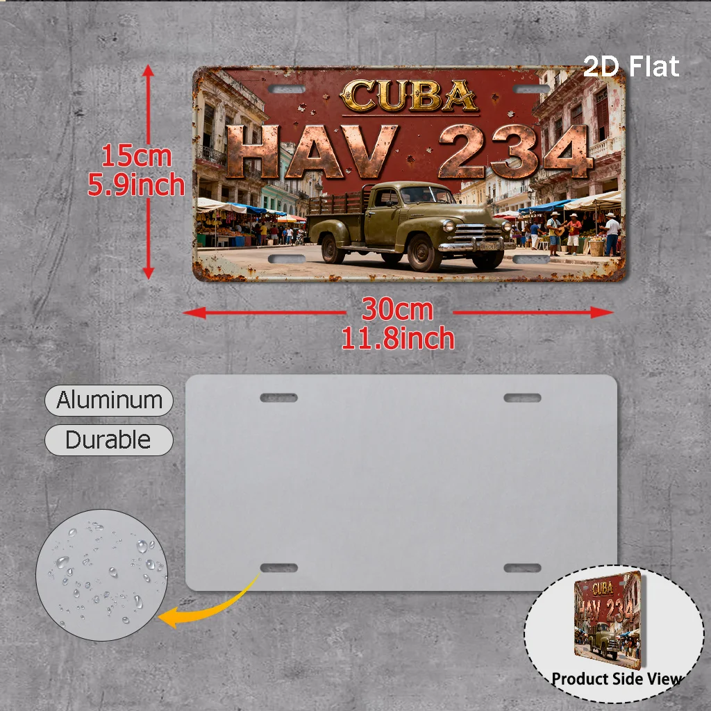 2D Flat Printing Aluminum Cuban Havana License Plate (29.97cm x 14.99cm), Retro Travel Sign With Old Cuban Cityscape Design