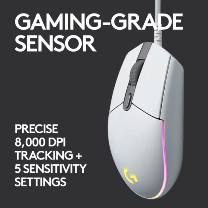 Przewodowa mysz do gier Logitech G102/G203, zapewniająca wysokiej jakości wydajność w e-sportie, precyzyjny czujnik 8000 DPI, konfigurowalne podświetlenie RGB.