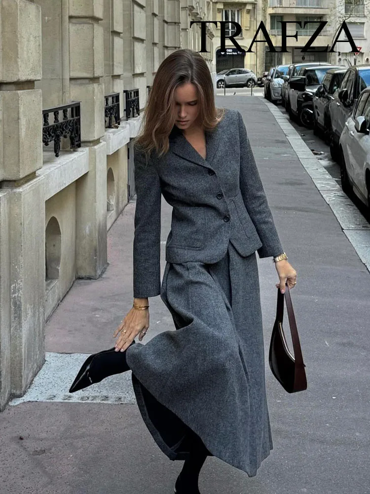 TRAFZA 2023 Autumn Women Fashion Sets Solid V Neck Tight Blazer + A Line Loose Comfortable Minimalism Style Female Long Skirt