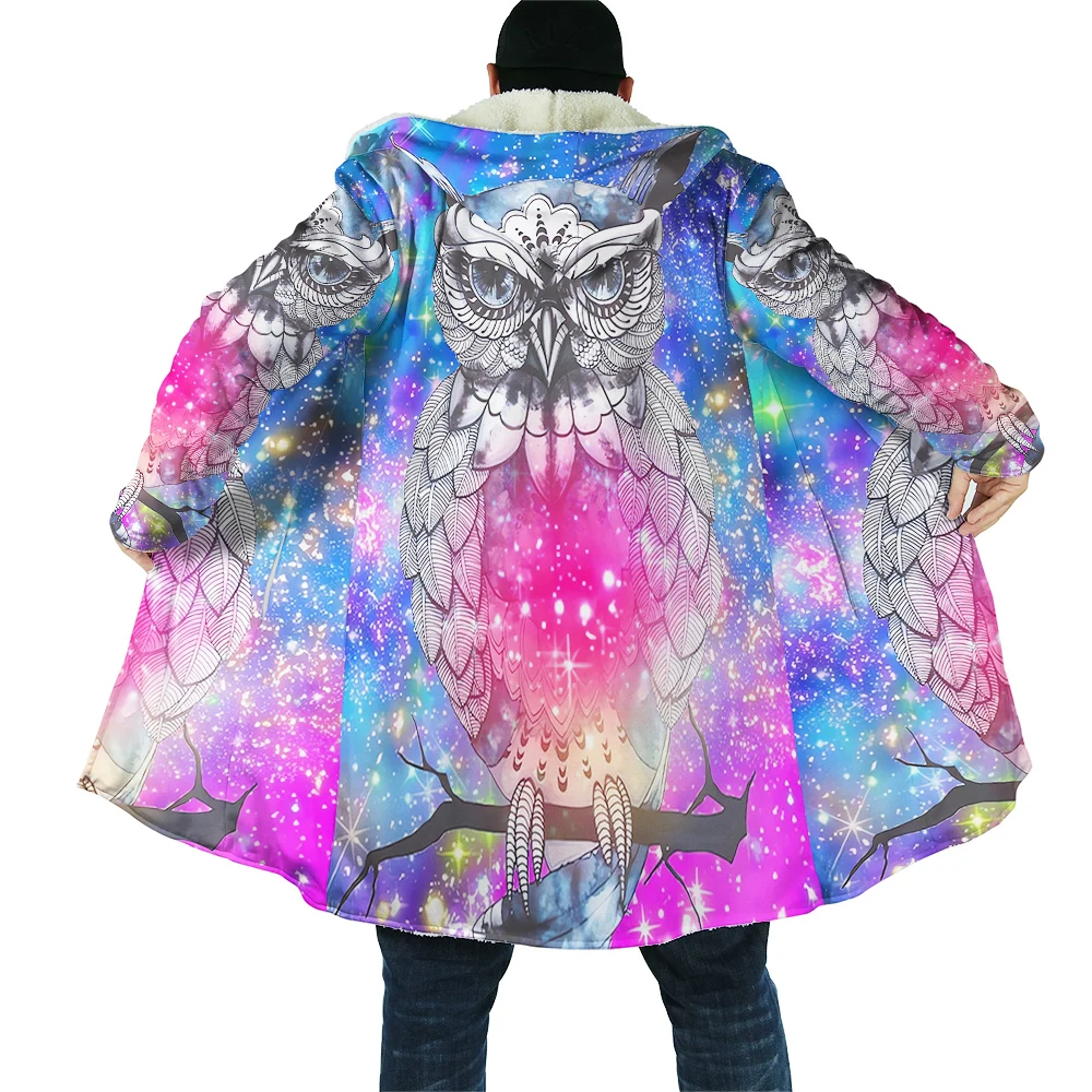 

CLOOCL Fashion Mens Winter Cloak Pretty Colorful Owl Printed Windproof Fleece Cape Hooded Blanket Men Women Jacket Dropshipping