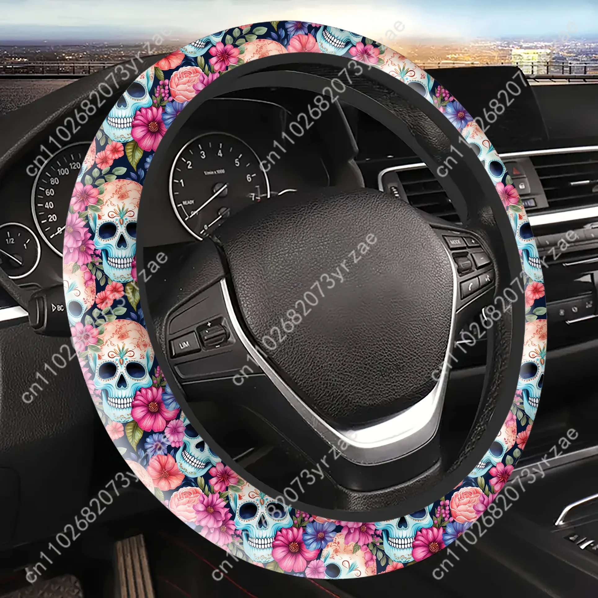 

Floral Skull Print Car Steering Wheels Cover Universal Type Environmental Friendly Comfortablenon-slip Steering Wheel Wrap