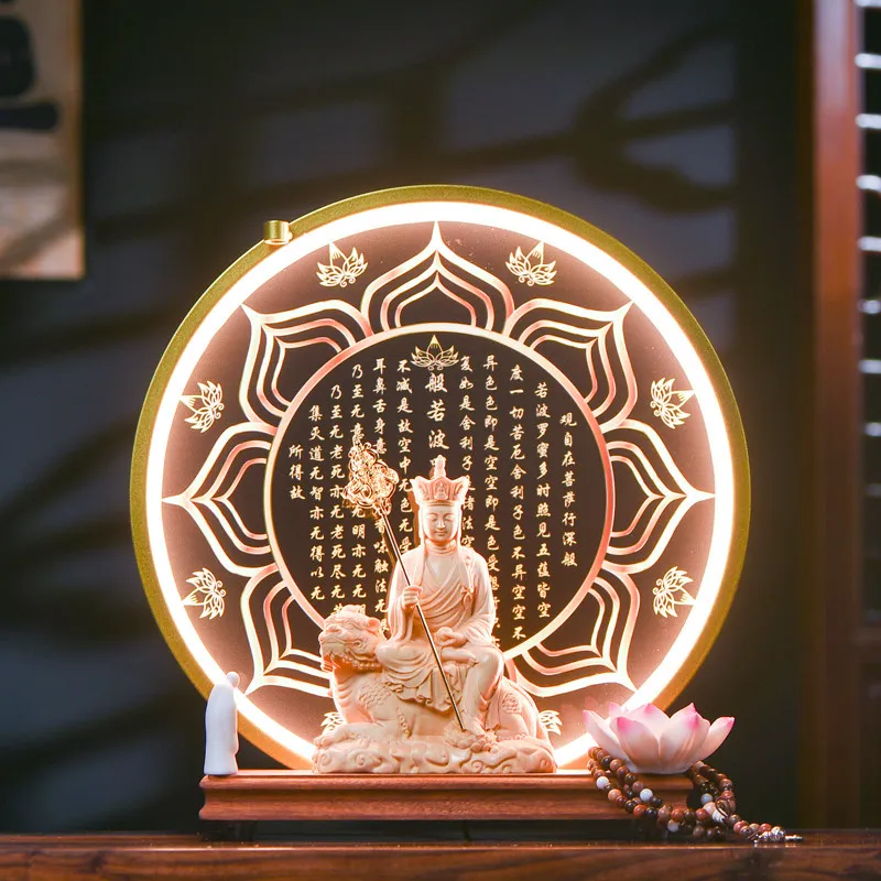 Ksitigarbha Buddha Statue with LED Backflow Incense Burner Chinese Zen Wooden Base Home Worship Decor Religious Ornament Craft