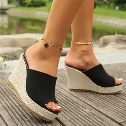 Retro Denim Fabric 12cm High Heels Female Slippers Sandals Summer 2025 Thick Bottom Platform Open Toe Trendy Women Casual Shoes