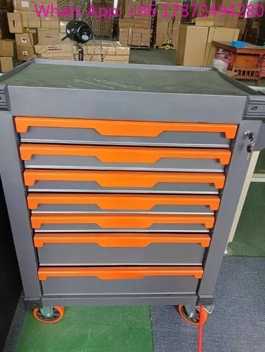 7 Tier Tool Cart, Black and Orange Portable Thickened Drawer Tool Cart with Pulleys for Warehouse and Workshop