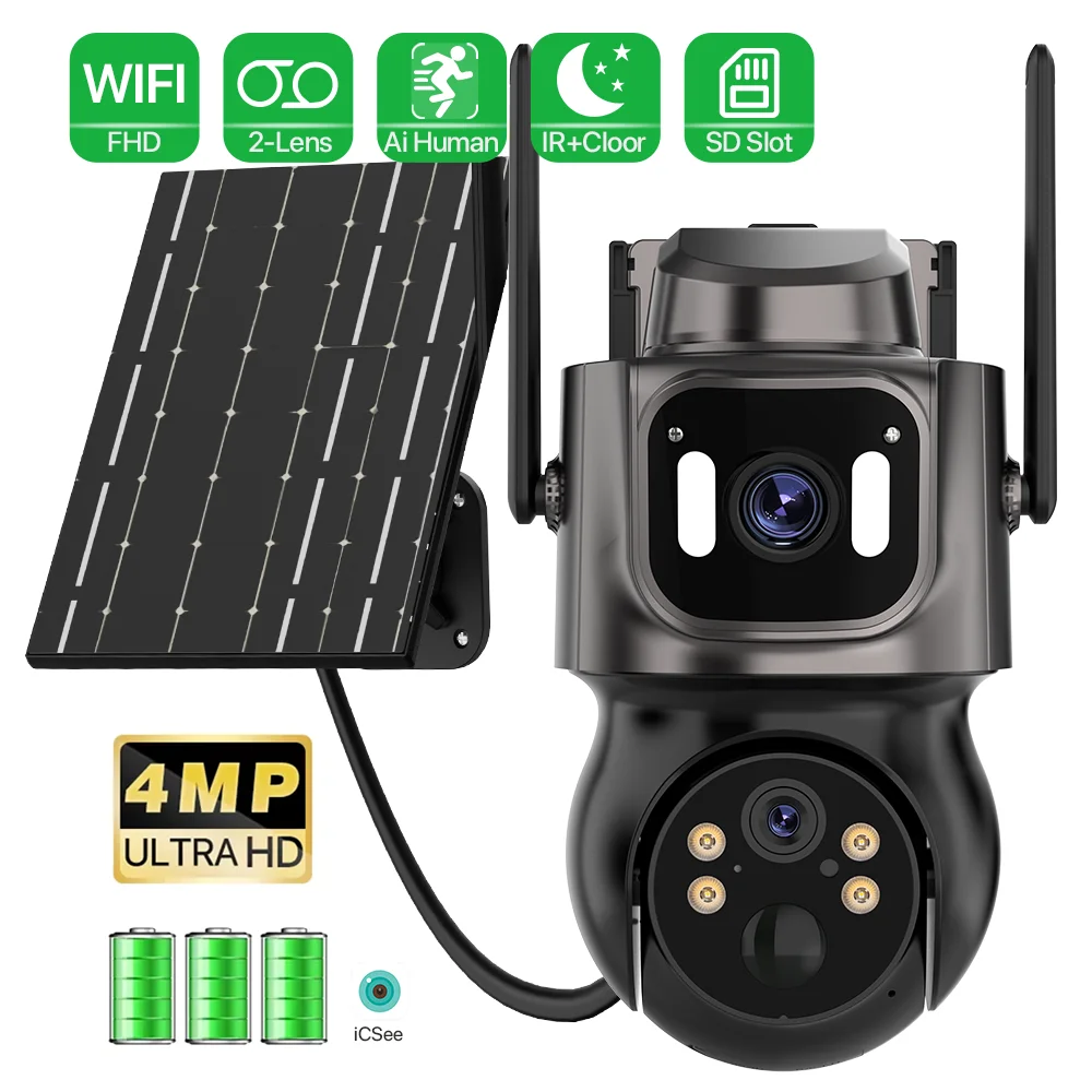 External Wireless Dual Lens 4MP Solar Camera Built-in Battery WiFi Security Camera Surveillance Human Detection PTZ Camera iCSee