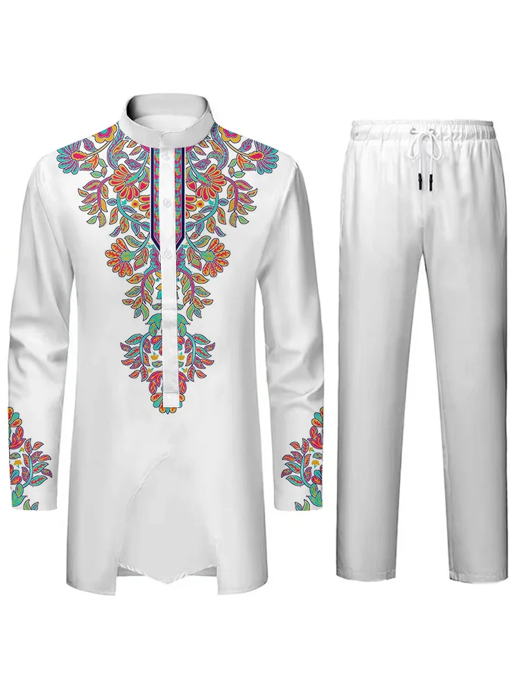 Arab Cultural Dresses Men's Suits Elegant 3D Printed Prints Halter Collar Long Sleeve Shirts and Trousers Traditional Dresses