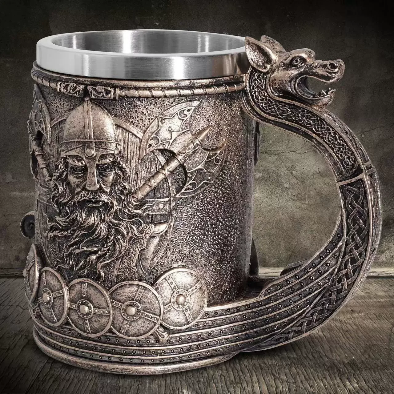 

400ml Viking Wood Style Beer Mug Medieval Dragon Resin Stainless Steel Beer Mug Retro Tankard Skull Coffee Cup Tea Mug Beer Cup