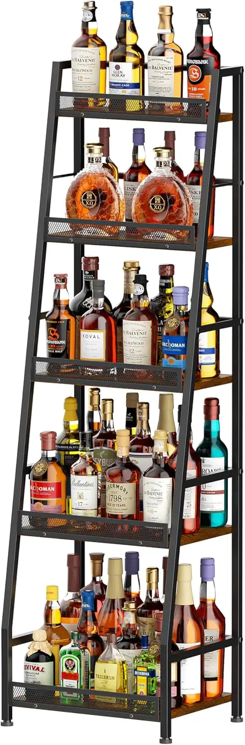 4-Tier and 5-Tier Trapezoid Liquor Stand for Home Bar, Large-Capacity Cabinet with Fences for Living Room Display