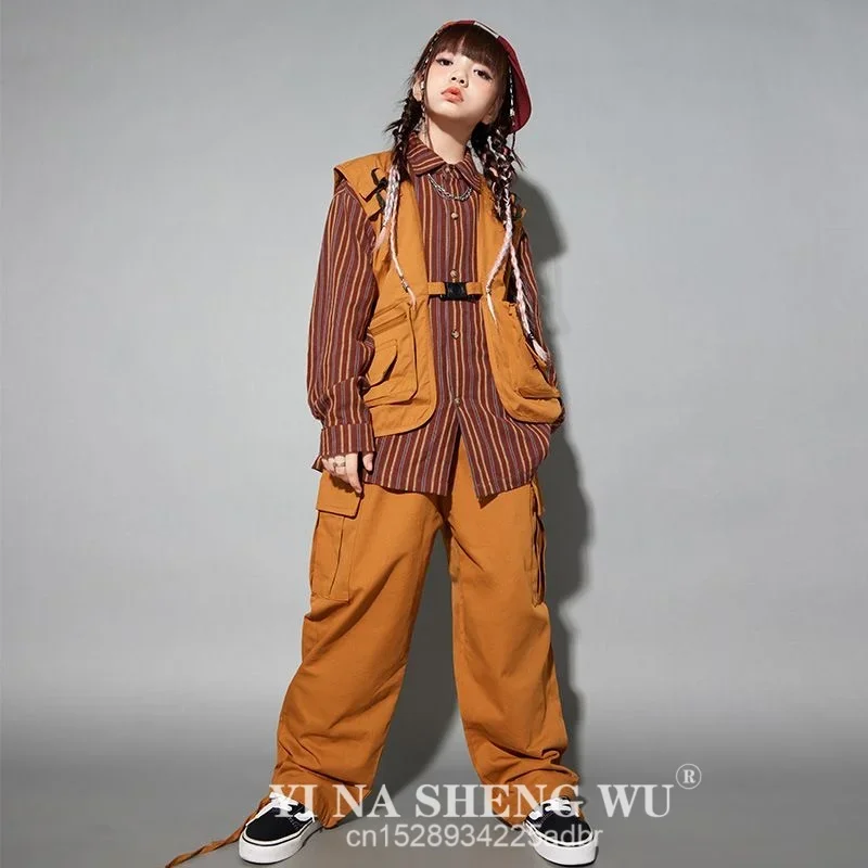 

Girls Boys Jazz Dancing Outfits Hiphop Pants Suit Stripe Shirt Brown Vest Kids Streetwear Performance Costume