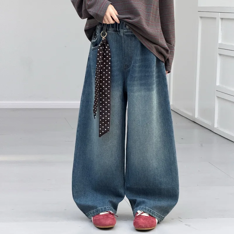 New Children Fashion Autumn Curved Jeans for Tweens Girl Wide Leg Denim Pants Kids Casual Loose Trousers with Bag Cover Design