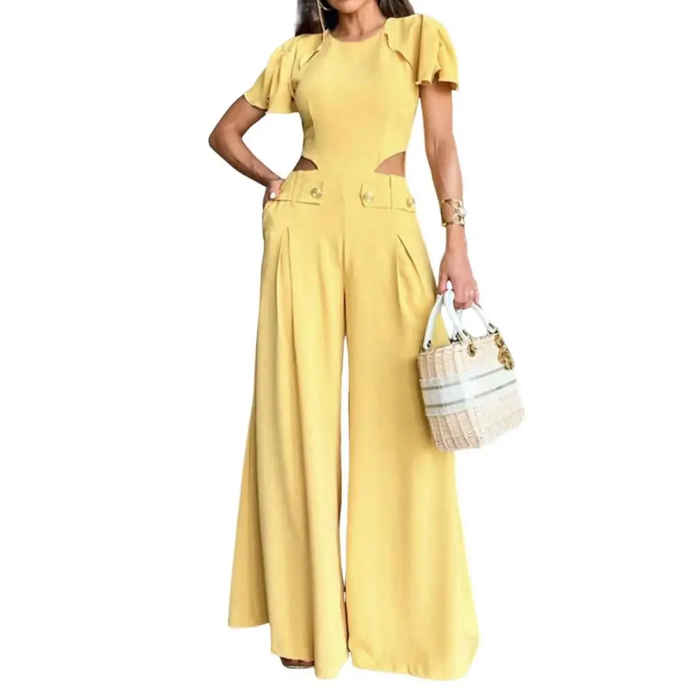 

Loose Fit Jumpsuit Elegant Women's Summer Jumpsuit with Wide Leg Pockets Short Sleeves Formal Commute Style for Women for A