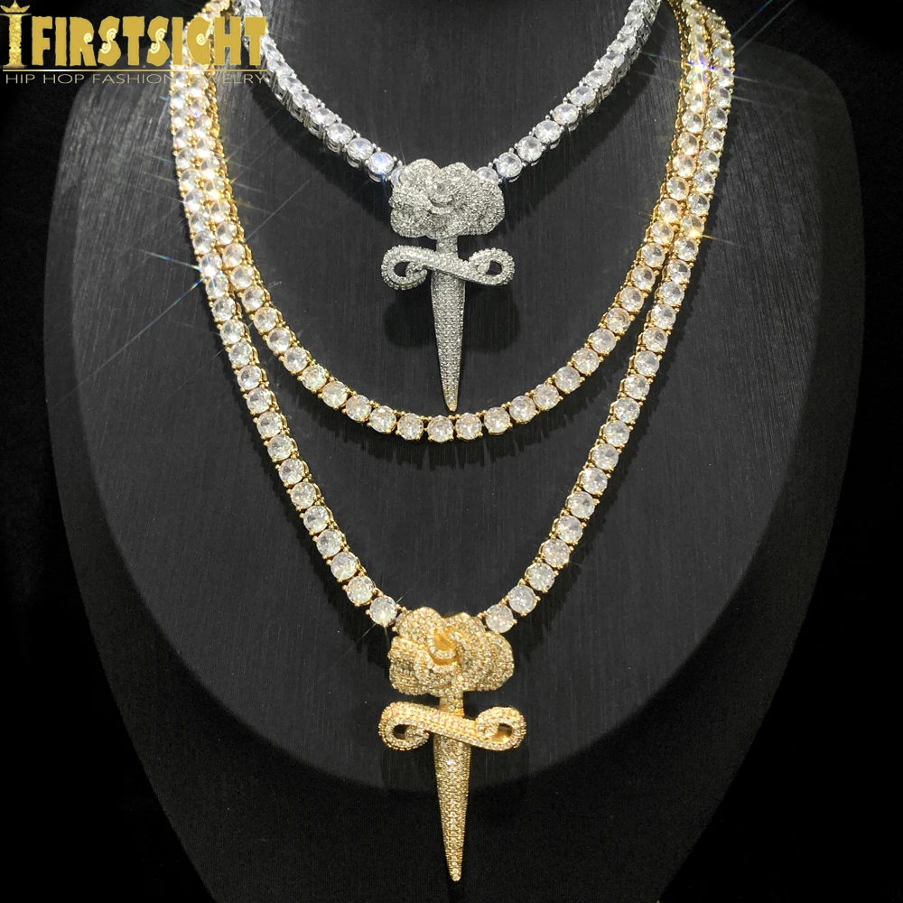 

New Iced Out Rose Flower Sword Cross Pendant Necklace For Women Men Silver Color Cubic Zirconia 5mm Tennis Chain Hip Hop Jewelry
