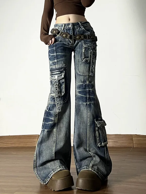 American Vintage Street Style Y2K Jeans Women's High-street Multi-pocket Cargo Flared Floor-grazing Jeans Casual Punk Long Pants