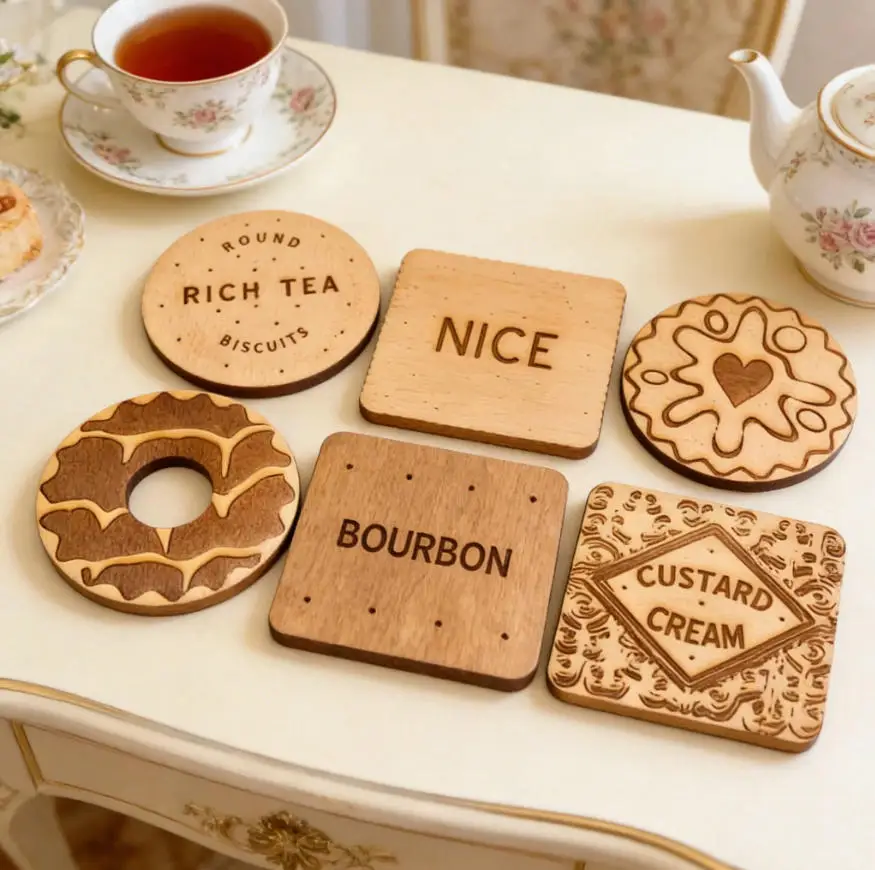 6 posavasos clásicos de madera |   Posavasos Decorados con Diseño de Whisky Bourbon, Crema de Canela, Té Inglés para el Desayuno y Galleta con Mermelada
