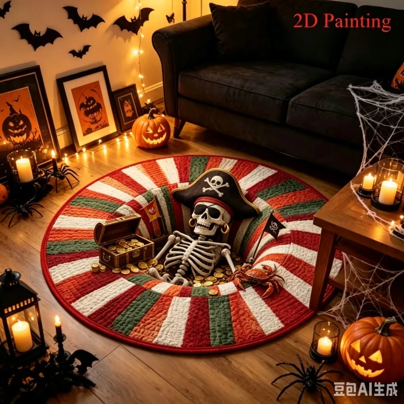 3D Illusion Skeleton Halloween Round Area Rug, Striped Printed Floor Mat, Holiday Decor Carpet for Indoor Home