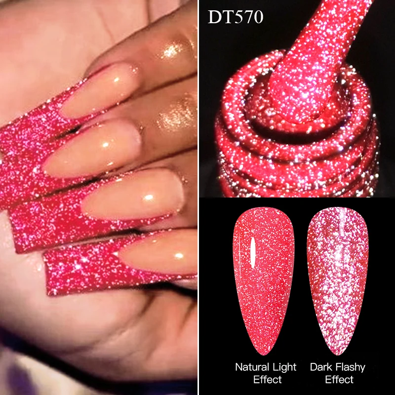 MEET ACROSS 7ml Red Pink Fluorescent Reflective Gel Nail Polish Glitter Sparkly Neon Semi Permanent UV LED Gel Nail Art Varnish