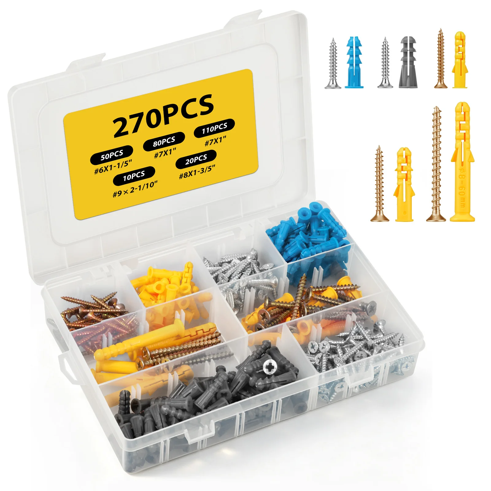 270Pcs Wall Anchors And Screws Set Assortment For Drywall Concrete Brick Wood Picture Frames Shelves Mirrors Organizer Box