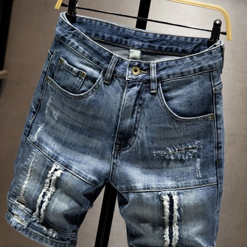 Summer Fashion Designer Men Jeans Retro Blue Stretch Patched Ripped Short Jeans Men Hip Hop Vintage Casual Denim Shorts Hombre