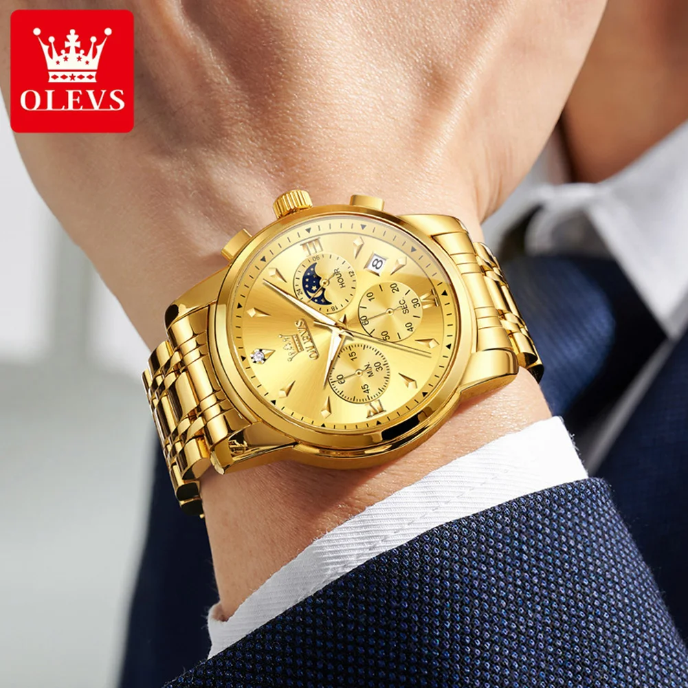 OLEVS 3639 Original Men Quartz Watch Top Waterproof Luminous Watch Multi Functional Chronograph Gold Luxury Men Moon Phase Watch