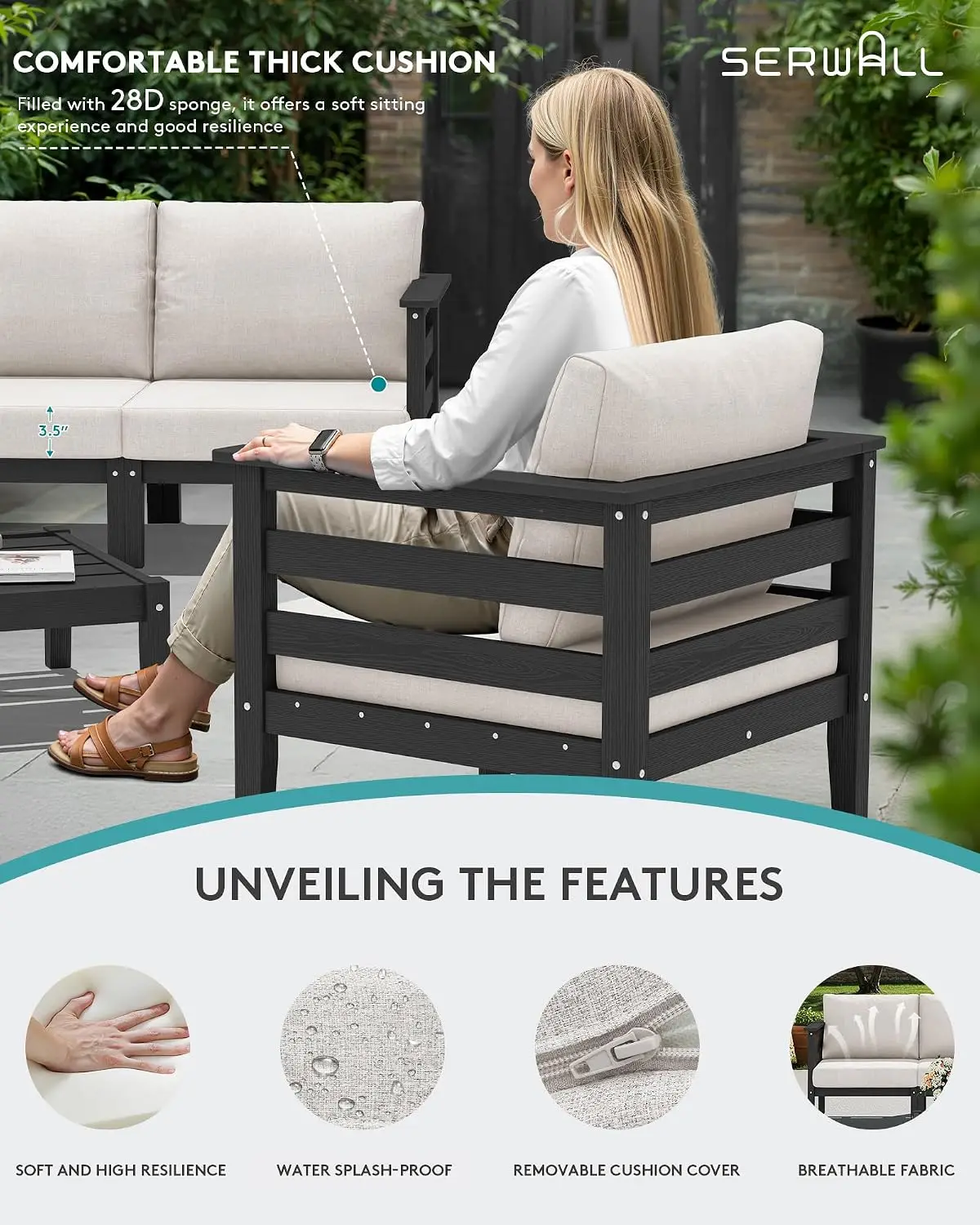 HDPE Patio Furniture Set 6 Pieces Outdoor Sectional Sofa All-Weather Garden Lounge, Customized