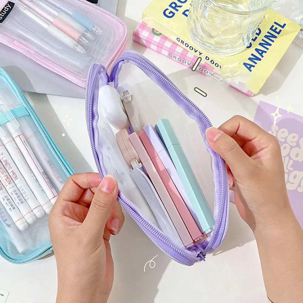 Simple Transparent Mesh Pencil Case Durable Wear-resistant Rectangles Pen Bag Examination Dedicated Large Capacity