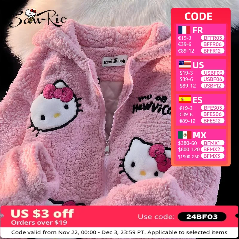 Hello Kitty Zip Hoodie Girl Loose Cardigan Coat Streetwear Women Clothes Oversized Sweatshirt Cardigan Plush Jacket Sweater