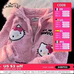 Hello Kitty Zip Hoodie Girl Loose Cardigan Coat Streetwear Women Clothes Oversized Sweatshirt Cardigan Plush Jacket Sweater