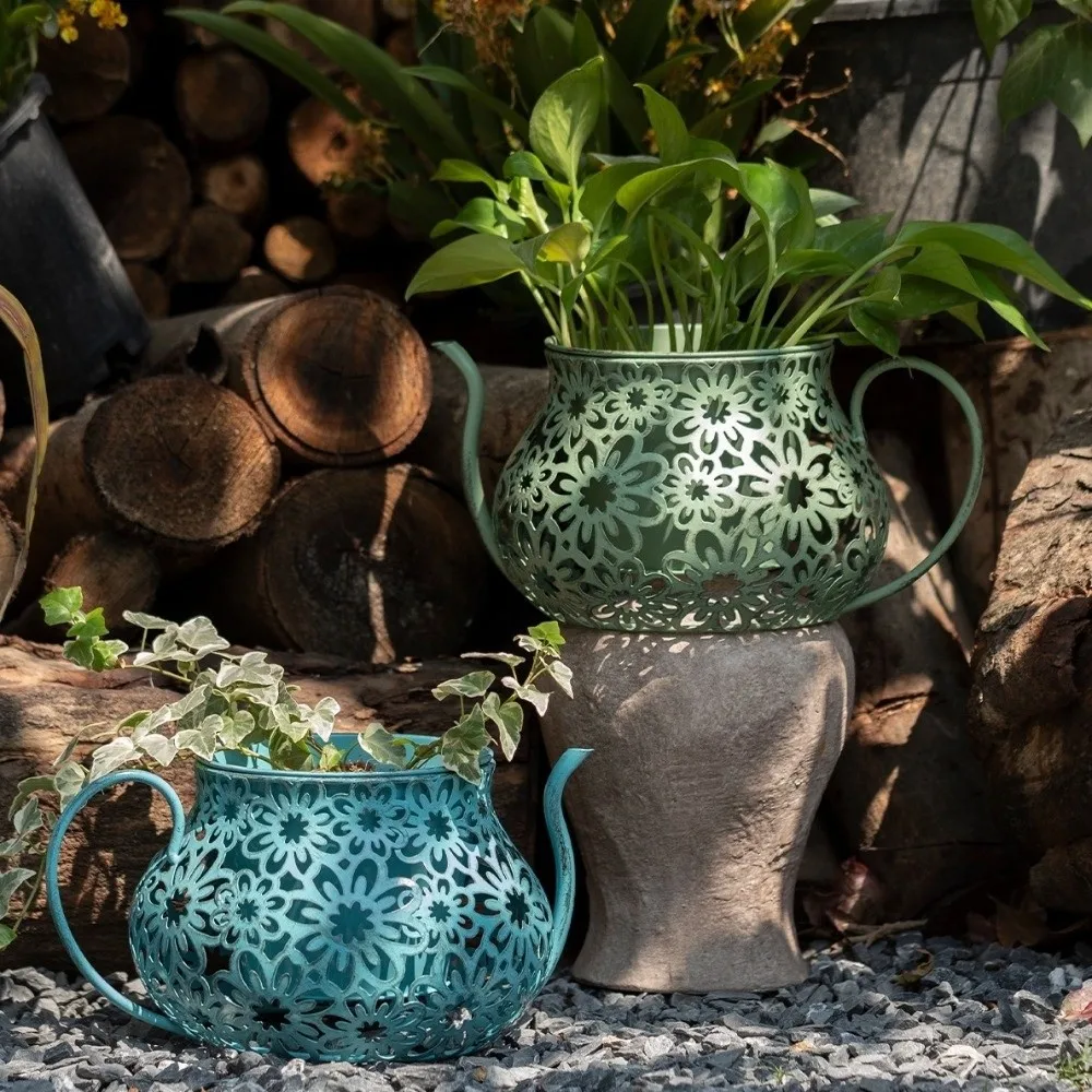 Practical Retro Hollow Teapot Flowerpot Wrought Iron Floral Cutout Flower Pot Double Layer Decorative Flowerpot Living Room