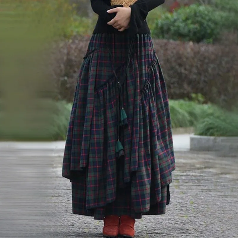 Women'S Checked Skirt Long Tartan Retro Maxi Skirt High Waist Flared Shape Vintage Long Cake High Waist A-Line Mid Length Skirt