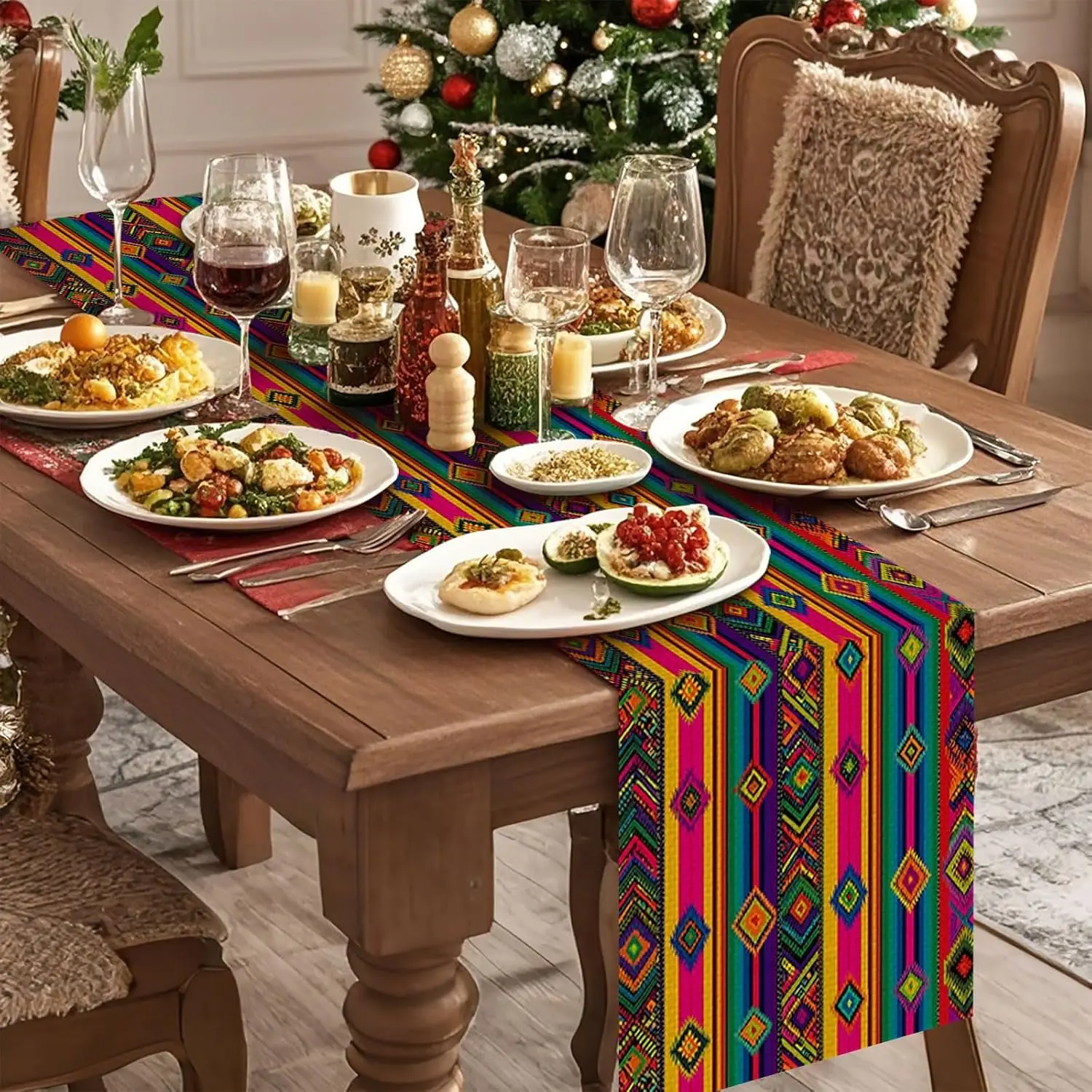 Mexican Colorful Stripes Linen Table Runner Holiday Party Decor Reusable Kitchen Dining Table Runner Day of The Dead Decorations