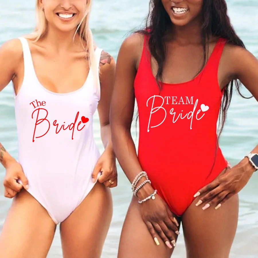 TEAM Bride Heart Print One Piece Swimsuit Women Swimwear High Cut Low Back Sexy Bodysuit Bachelor Party Bathing Suit Swimming